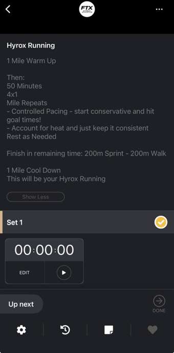 FTX app — HYROX running session with coach pacing notes