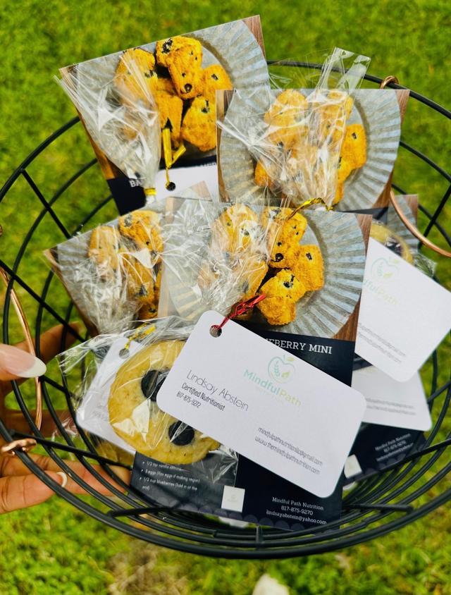 Packaged blueberry protein muffins with MindfulPath recipe cards