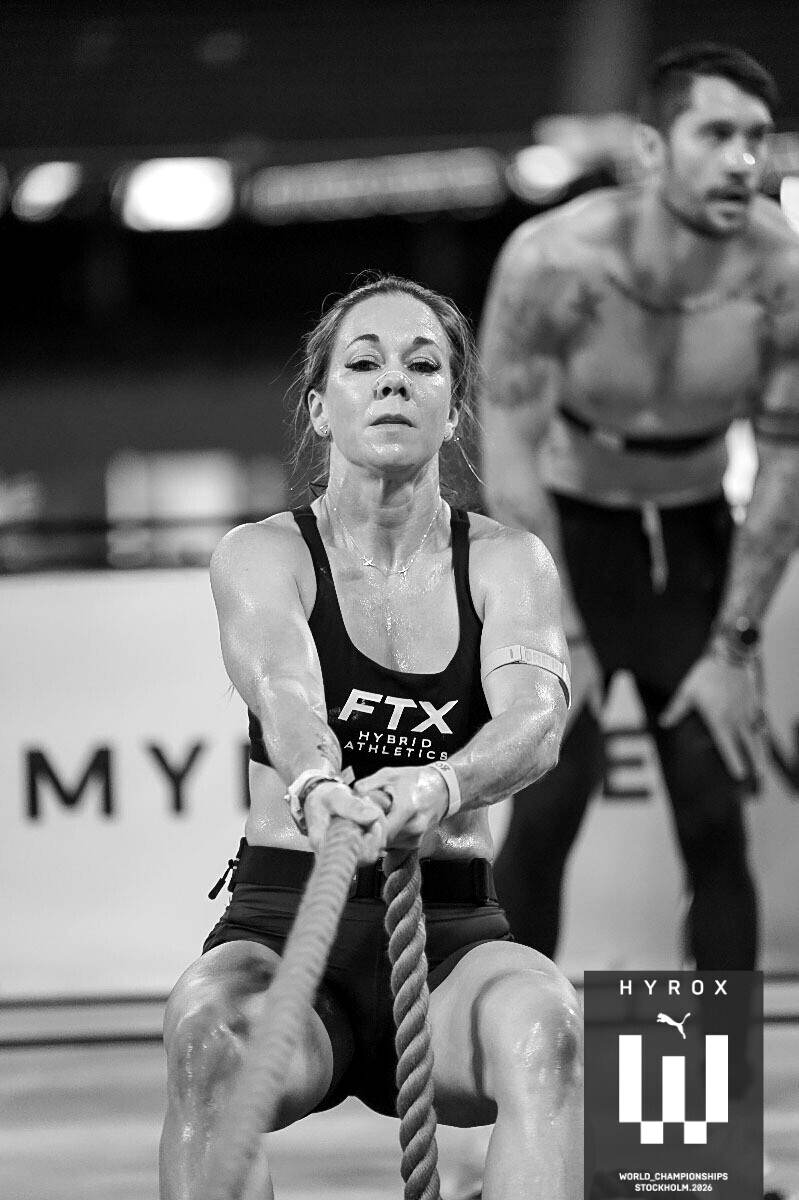 ATHENA athlete on the sled rope pull at the HYROX World Championships, Stockholm 2026