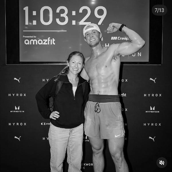 Clayton Marshall with his wife after his Men's Pro PR at HYROX Houston 2026