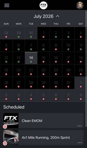 FTX app — July training calendar with every session scheduled
