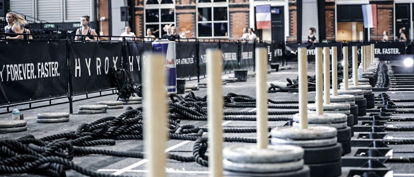 Loaded sleds lined up on the race floor, HYROX World Championships Manchester